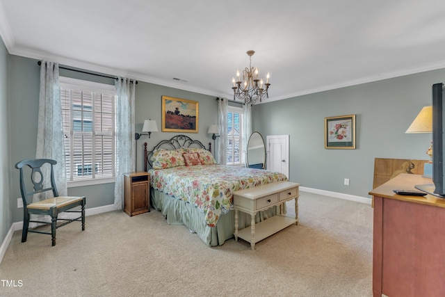 bedroom with ornamental molding, a chandelier, light carpet, and baseboards