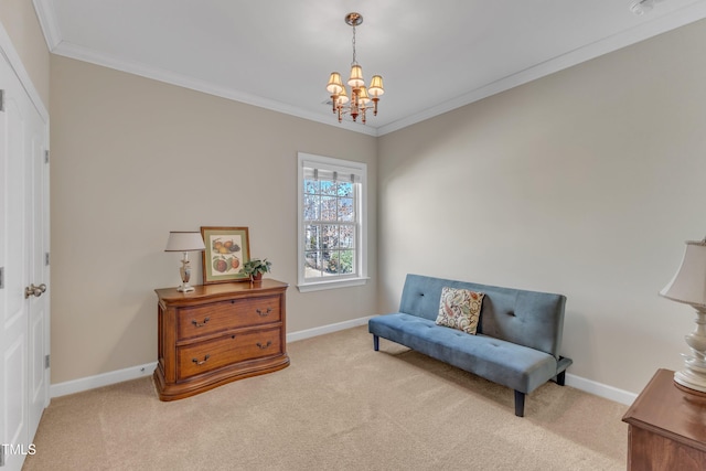 living area with carpet and crown molding