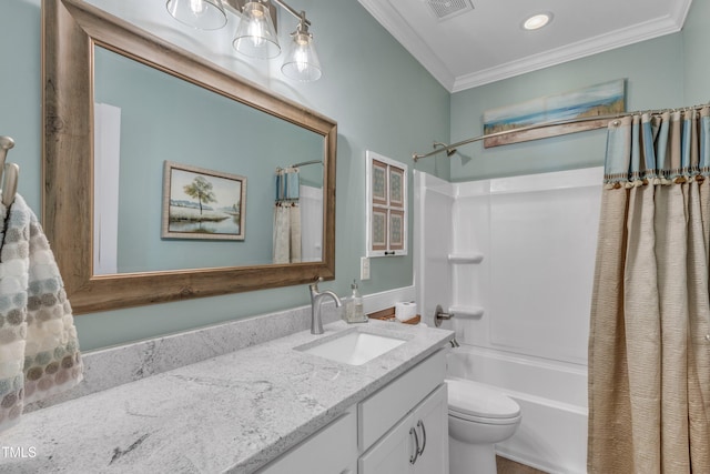 bathroom with shower / tub combo, visible vents, toilet, ornamental molding, and vanity