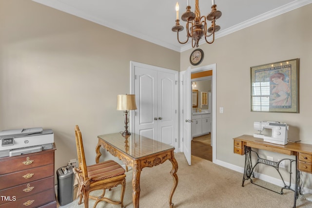 office featuring light carpet, an inviting chandelier, baseboards, and ornamental molding