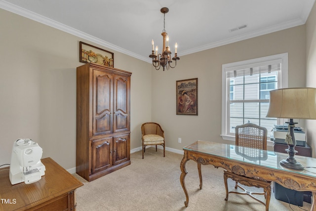 office with light carpet, baseboards, visible vents, crown molding, and a notable chandelier