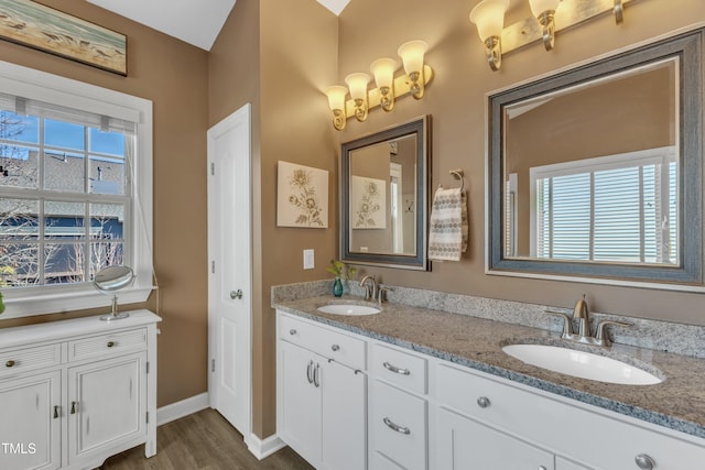 full bathroom with a wealth of natural light, a sink, and wood finished floors