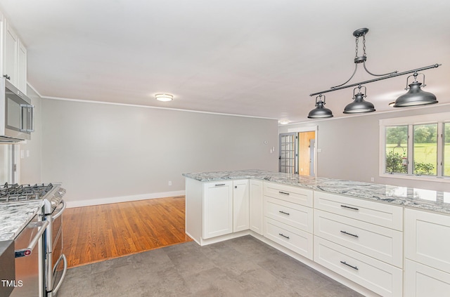 kitchen featuring white cabinetry, appliances with stainless steel finishes, light wood-type flooring, light stone countertops, and pendant lighting