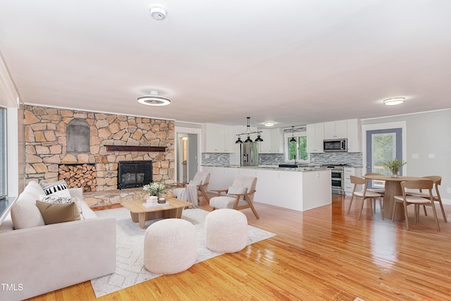 living area with light wood-style flooring and a fireplace