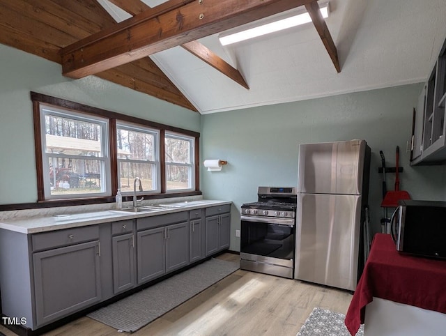 kitchen featuring light wood finished floors, lofted ceiling with beams, appliances with stainless steel finishes, gray cabinets, and light countertops