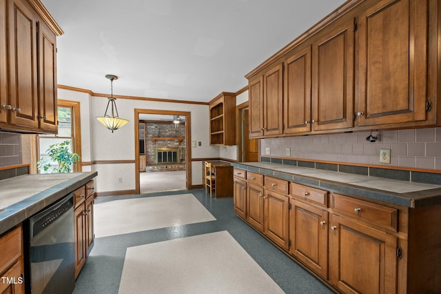 kitchen with baseboards, decorative backsplash, dishwasher, brown cabinetry, and crown molding