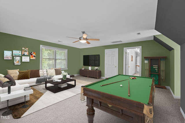 recreation room with carpet floors, ceiling fan, visible vents, and baseboards