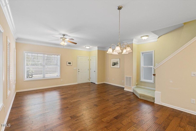 interior space featuring stairway, dark wood-style floors, visible vents, and crown molding