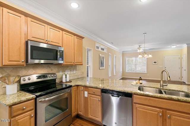 kitchen with appliances with stainless steel finishes, ornamental molding, a peninsula, a sink, and backsplash