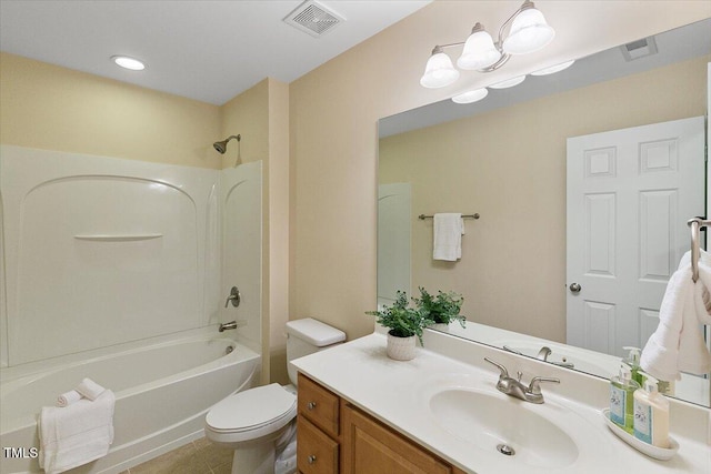 full bath with toilet, vanity, bathtub / shower combination, and visible vents