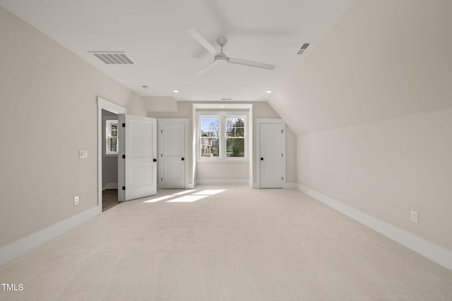 bonus room with carpet flooring, baseboards, visible vents, and ceiling fan