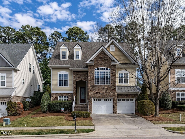 view of front of home featuring stone siding, concrete driveway, roof with shingles, and an attached garage