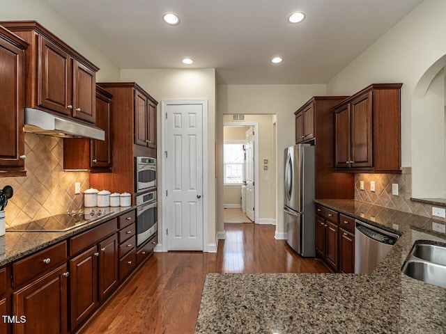 kitchen featuring under cabinet range hood, appliances with stainless steel finishes, dark stone counters, and dark wood-type flooring