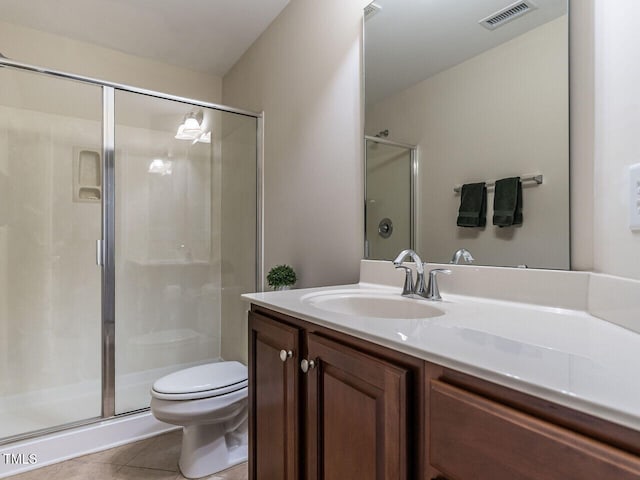 full bath with visible vents, toilet, tile patterned flooring, vanity, and a shower stall