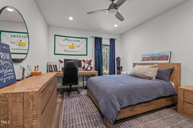 bedroom with ceiling fan and recessed lighting