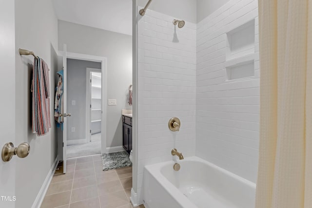 full bath with tile patterned flooring, shower / bathtub combination with curtain, baseboards, and vanity