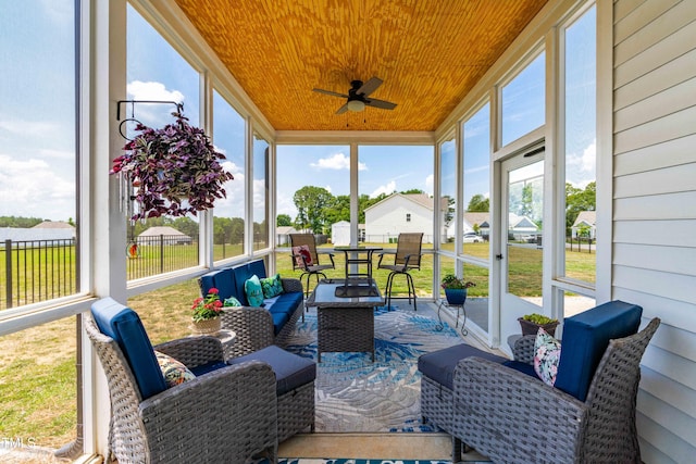 sunroom / solarium featuring wooden ceiling and a ceiling fan