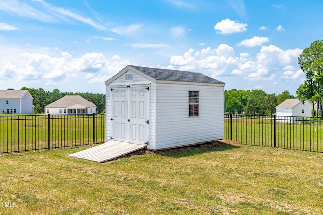 view of shed with a fenced backyard