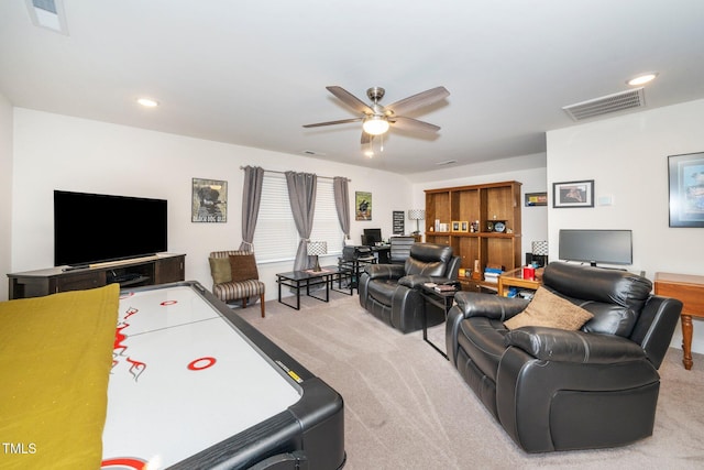 recreation room featuring ceiling fan, recessed lighting, visible vents, and light colored carpet