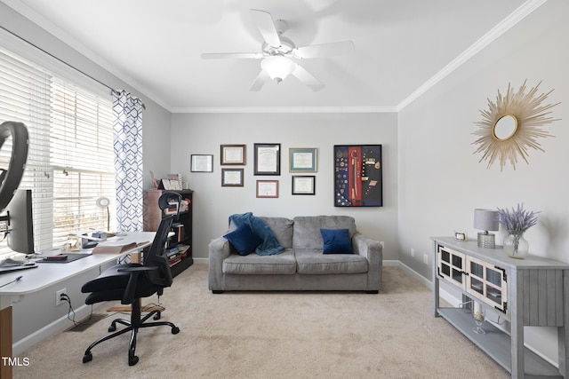 office with light carpet, baseboards, ornamental molding, and a ceiling fan