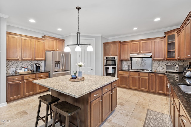 109 Skywater Ln, Holly Springs, NC 27540 - kitchen featuring stainless steel appliances, stone tile floors, brown cabinets, backsplash, and crown molding