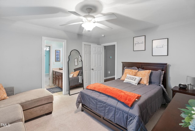 109 Skywater Ln, Holly Springs, NC 27540 - bedroom featuring light carpet, ceiling fan, and ensuite bathroom
