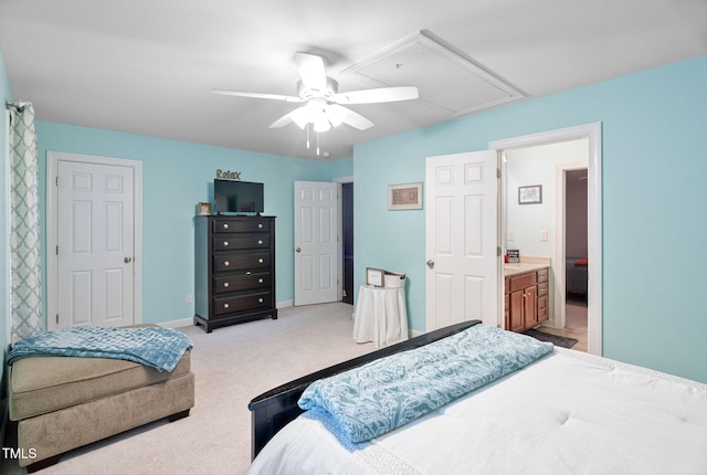 109 Skywater Ln, Holly Springs, NC 27540 - bedroom with attic access, light carpet, ceiling fan, and ensuite bath