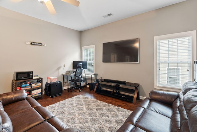 109 Skywater Ln, Holly Springs, NC 27540 - living room with dark wood finished floors and a ceiling fan