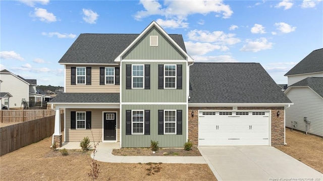 view of front of home featuring a porch, a garage, fence, driveway, and roof with shingles