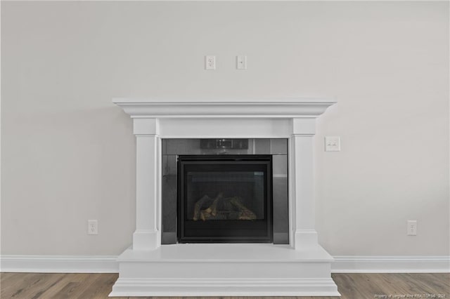 details with a fireplace with raised hearth, wood finished floors, and baseboards