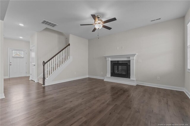 5427 Debut Ave, Hope Mills, NC 28348 - unfurnished living room with a ceiling fan, stairs, dark wood-type flooring, baseboards, and recessed lighting