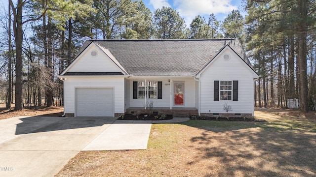 view of front of home featuring a garage, concrete driveway, a front lawn, and crawl space