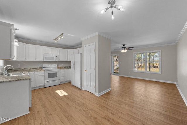 kitchen featuring white appliances, crown molding, light wood-style floors, white cabinetry, and a sink