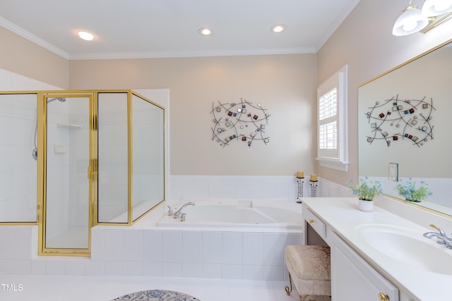 bathroom with vanity, recessed lighting, ornamental molding, a shower stall, and a garden tub