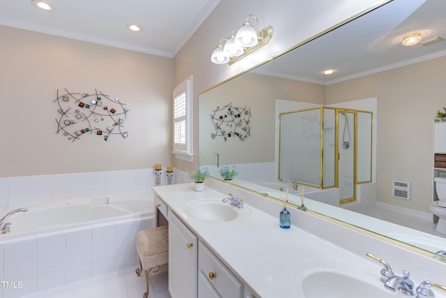 full bathroom featuring a bath, a shower stall, crown molding, and a sink