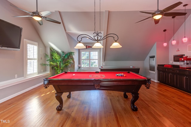 recreation room with light wood-style floors, billiards, and ceiling fan