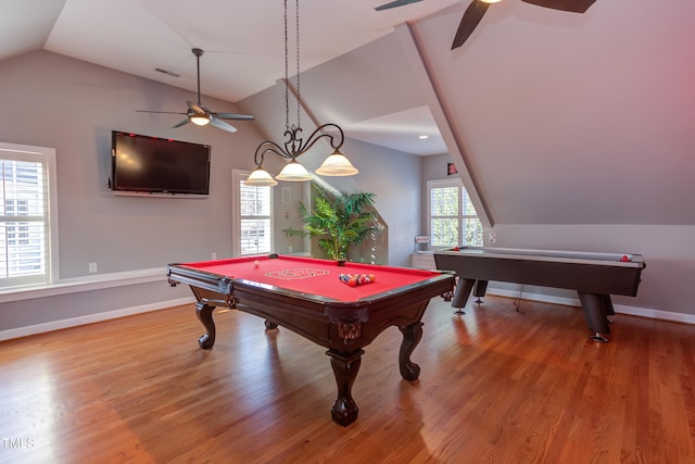 playroom with lofted ceiling, light wood-style floors, pool table, baseboards, and ceiling fan