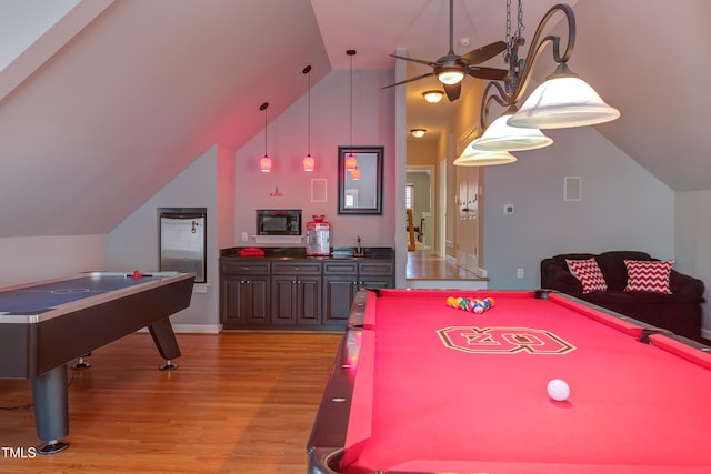 recreation room with billiards, a ceiling fan, baseboards, lofted ceiling, and light wood-type flooring