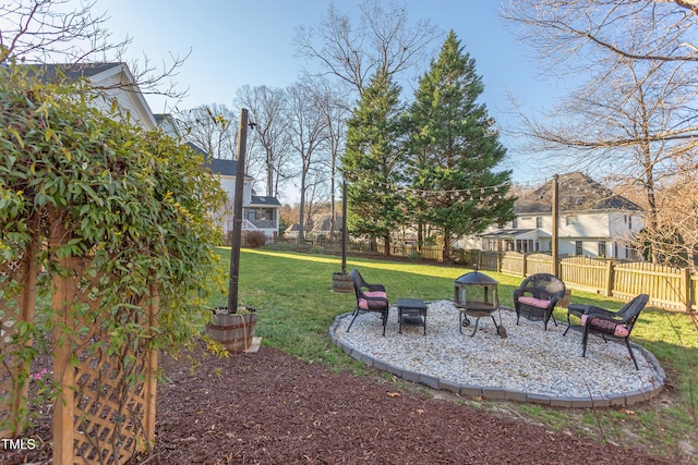 view of yard featuring a fenced backyard and an outdoor fire pit