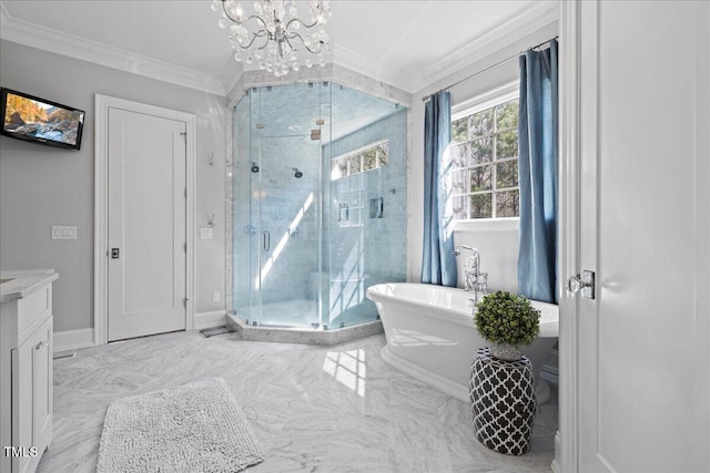 full bathroom featuring a stall shower, marble finish floor, crown molding, and a soaking tub