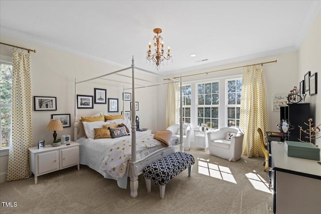 bedroom featuring light carpet, ornamental molding, visible vents, and a notable chandelier