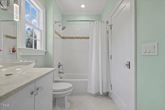 full bath featuring toilet, ornamental molding, tile patterned floors, shower / bath combo with shower curtain, and vanity