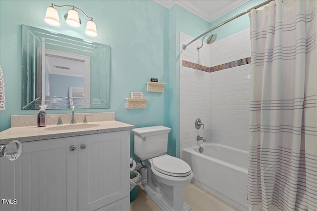 bathroom featuring shower / tub combo with curtain, visible vents, toilet, vanity, and tile patterned floors