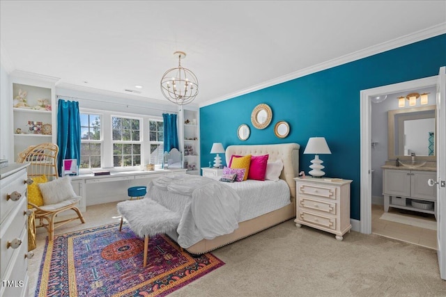 carpeted bedroom featuring a notable chandelier and crown molding