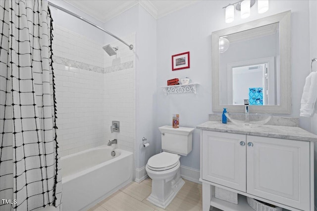 bathroom with shower / bath combo, baseboards, toilet, ornamental molding, and vanity