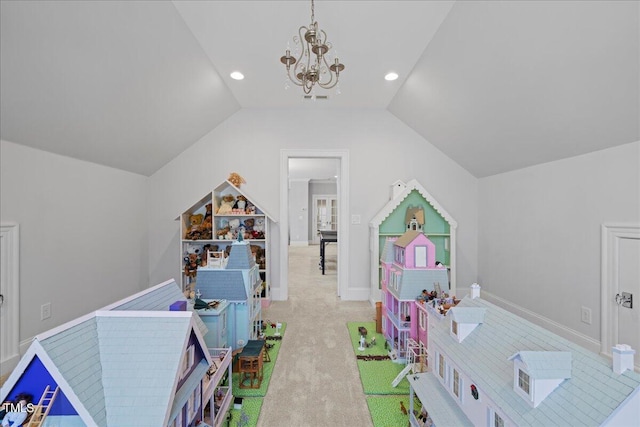 game room featuring a notable chandelier, recessed lighting, carpet flooring, baseboards, and vaulted ceiling