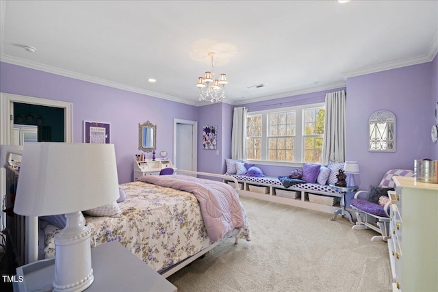 carpeted bedroom with ornamental molding, a chandelier, and visible vents