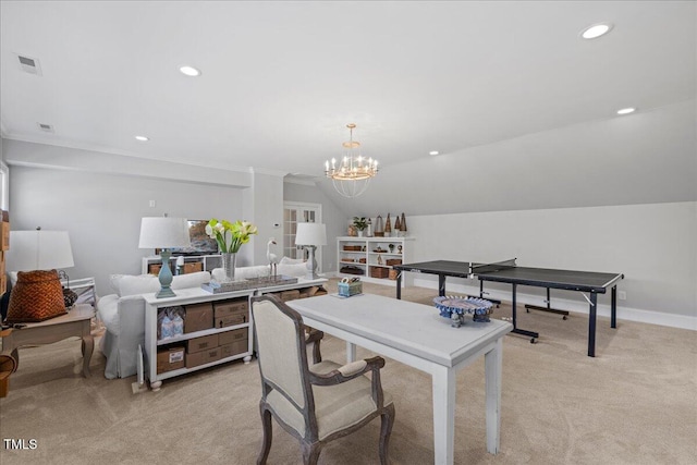 interior space featuring visible vents, light colored carpet, an inviting chandelier, vaulted ceiling, and recessed lighting