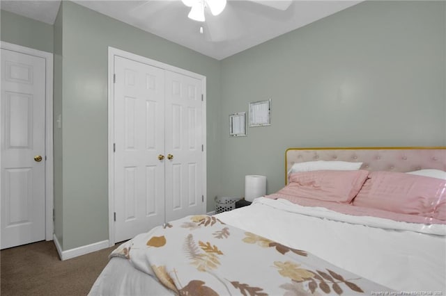 bedroom with carpet, a closet, ceiling fan, and baseboards