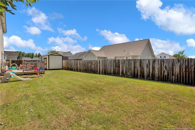 view of yard featuring a shed, an outdoor structure, and a fenced backyard